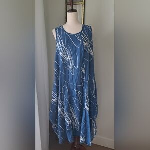 Luukaa 100% Linen Dress Blue White Pockets Lagenlook US Size 10